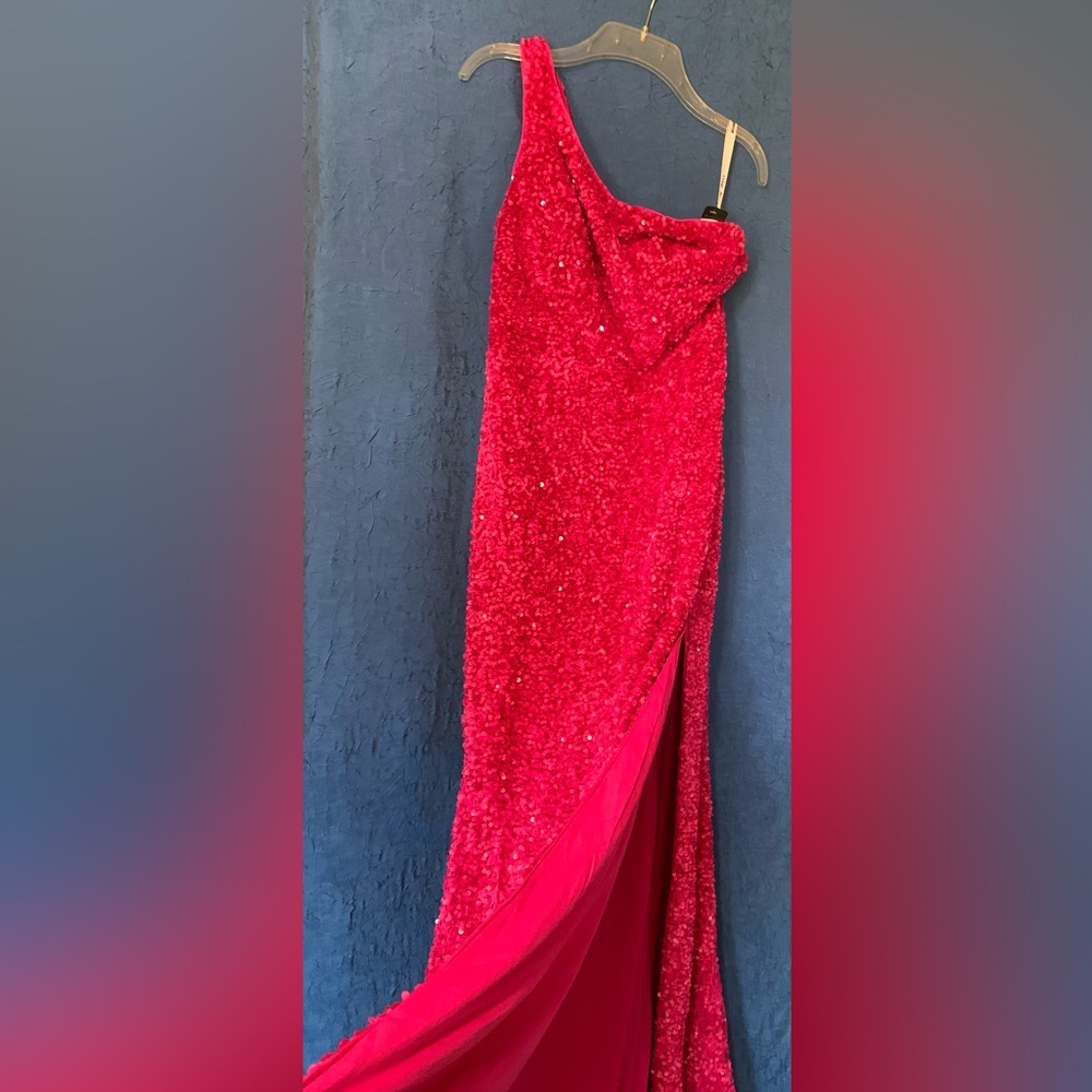OneShoulder Column Sequin Gown Train Fuchsia Magenta Hot Pink Statement - Picture 15 of 15